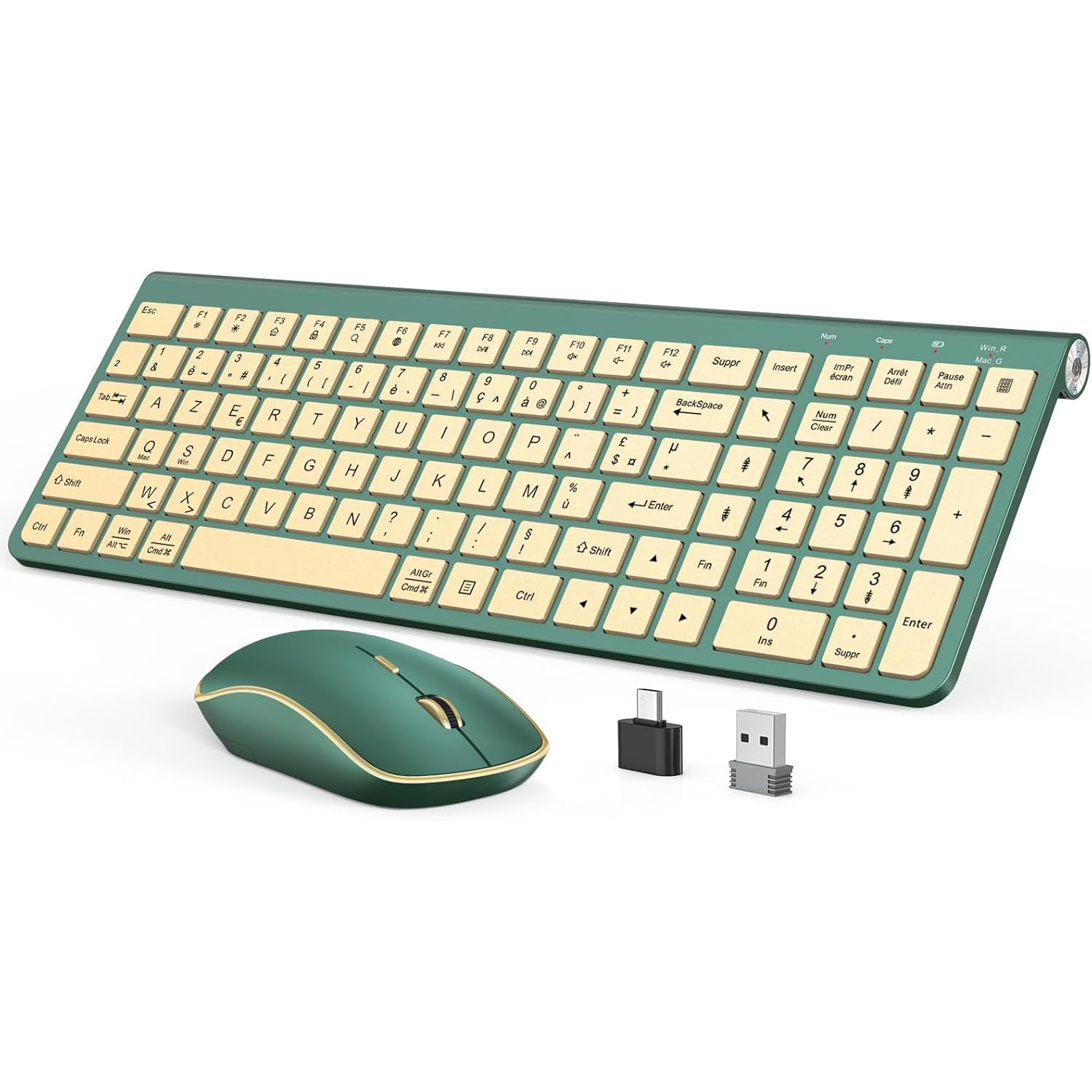 人間工学に基づいたワイヤレス キーボードとマウス、超薄型でコンパクトなデザイン、フランス AZERTY/アメリカ QWERTY 静音、USB-A および USB-C ポート。