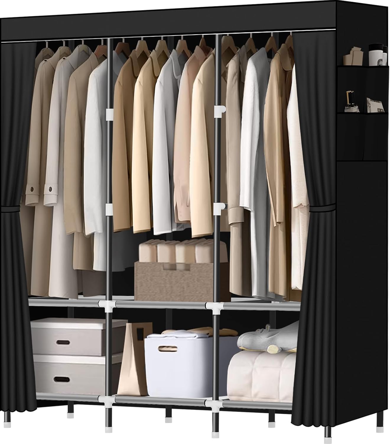 ワードローブクローゼット、寝室用ポータブルクローゼットスチールパイプ洋服吊り下げロッド3本、収納棚6個、サイドポケット付き