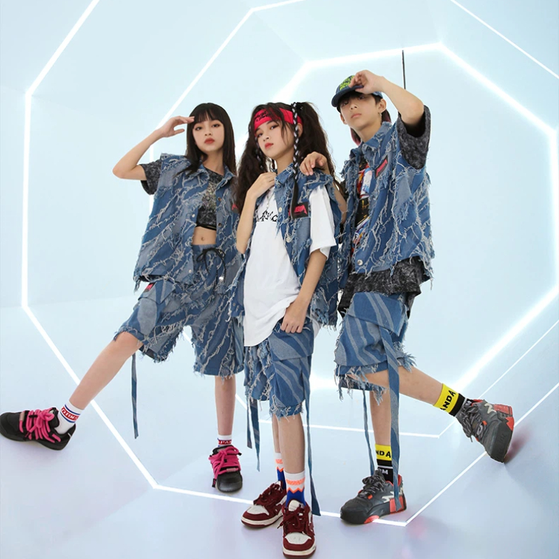 新しいヒップホップストリートダンス子供服ブルーデニムベストショーツ Tシャツ少年少女ジャズパフォーマンス青少年ステージ衣装
