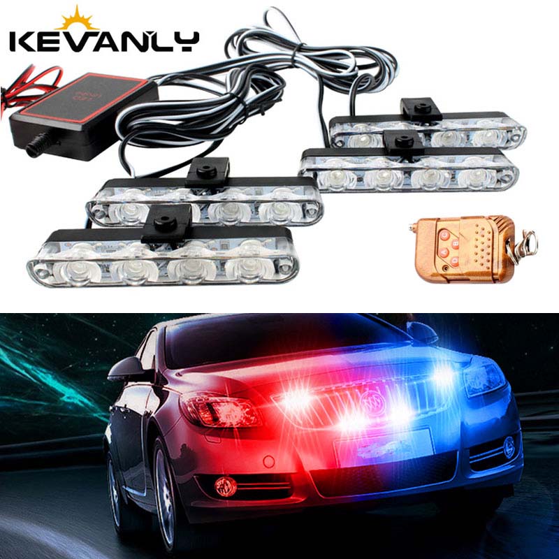 4 1 レッドブルー緊急ストロボライト警察ライト 12V ワイヤレスリモコンフラッシュグリルライト付き車トラックバン SUV