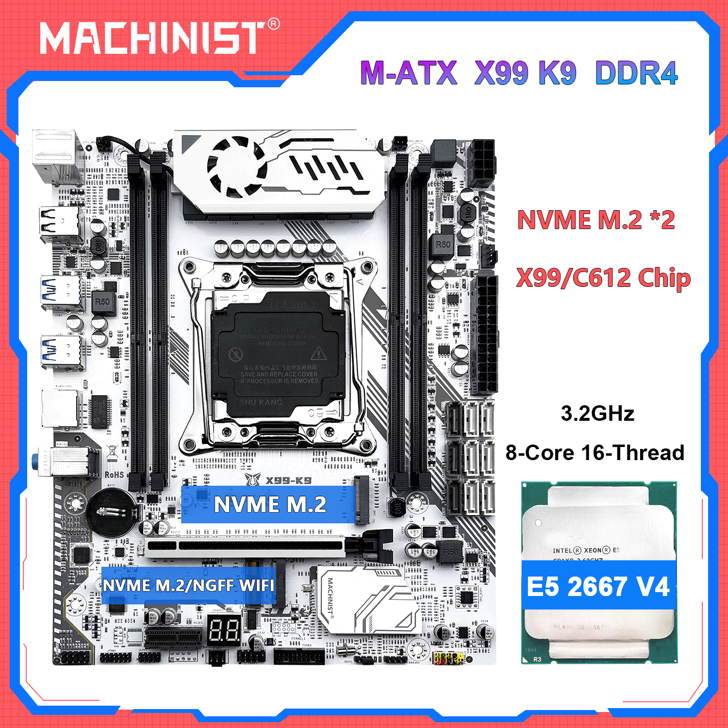 MACHINIST X99 K9 DDR4 RAM マザーボード オプション Xeon E5 2697 V4 /E5 2680 V4 CPU LGA 2011-3 サポート TPM 2.0 NVME M.2 4 チャネル
