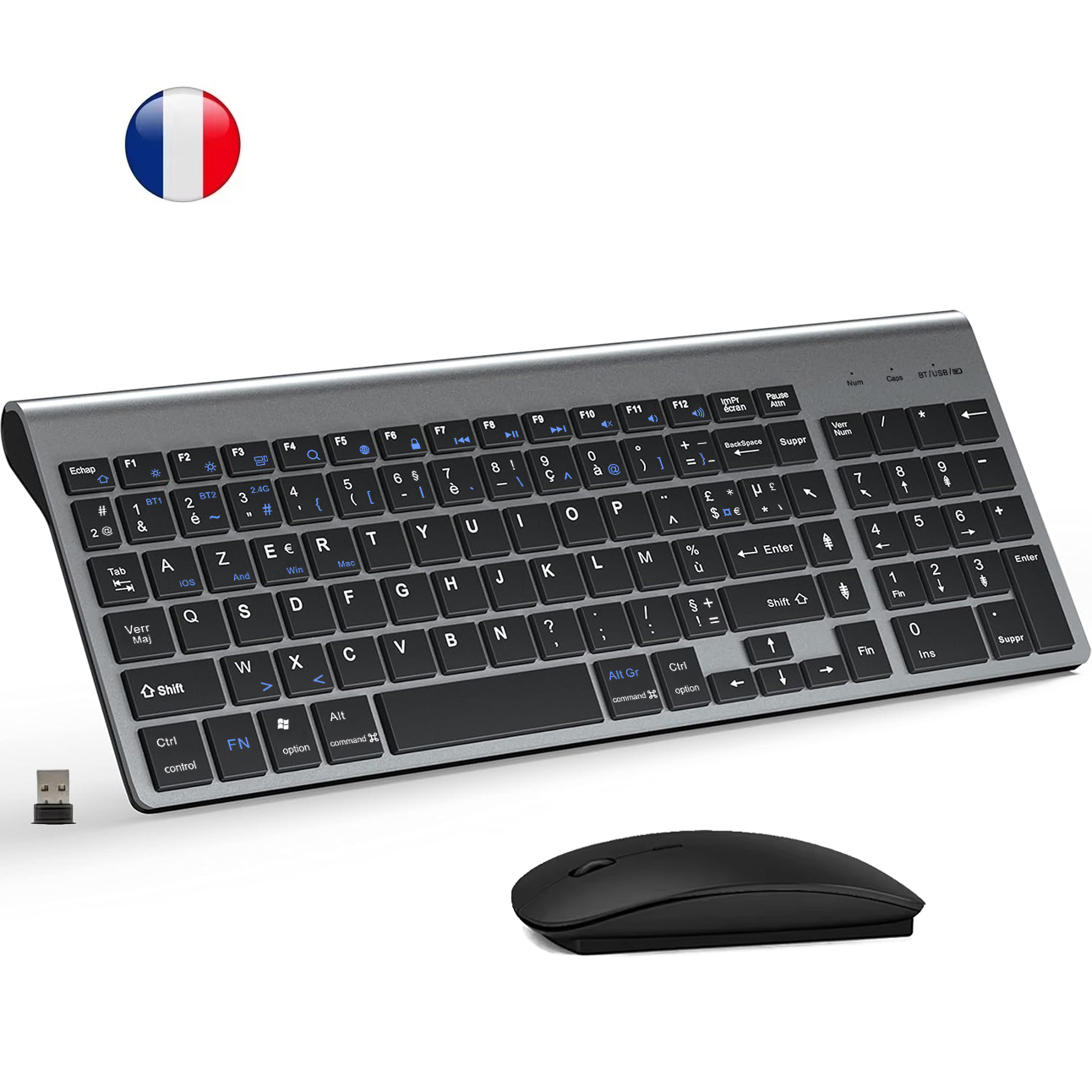 AZERTY レイアウト フレンチ ウルトラスリム デュアル モード 3 チャンネル Bluetooth キーボードとマウス コンボ PC ラップトップ Windows IOS Mac Android 用