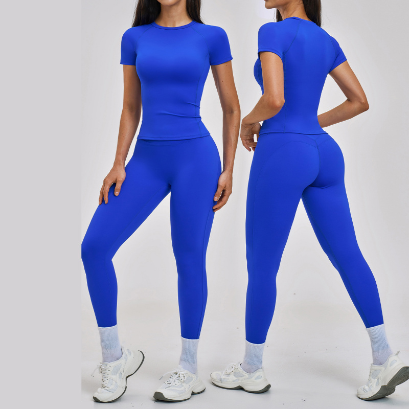 2 個スポーツウェア女性衣装ヨガセットラウンドネック半袖ジム服スポーツウェアスポーツスーツプッシュアップフィットネスセットトラックスーツ