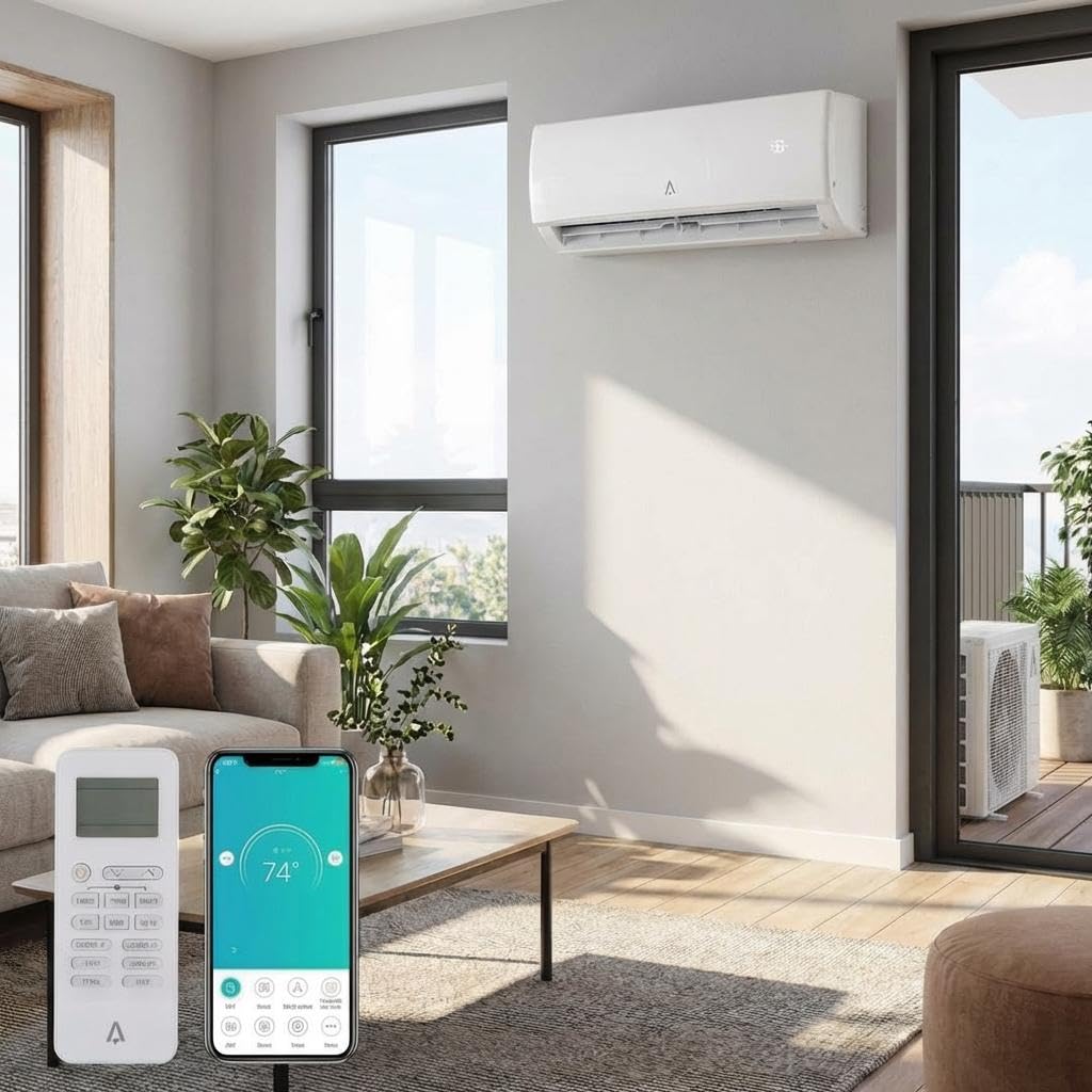 ミニスプリットエアコンとヒートポンプ 12000 BTU 21 SEER2 R32 WiFi 強化自動除湿機 24 時間タイマー ECO とスマートスリープ 4 方向スイング 最大 750 平方フィート