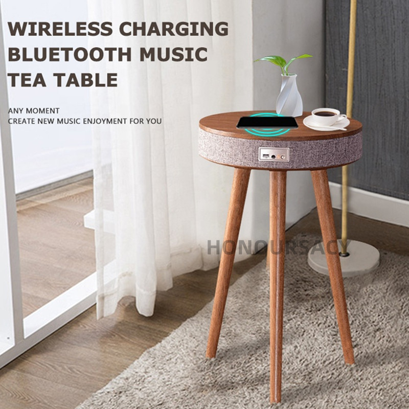 木製コーヒーテーブル ポータブル Bluetooth スピーカー スマート スピーカー 三脚テーブル 9000 MAh ワイヤレス充電器と USB 充電スタンド付き