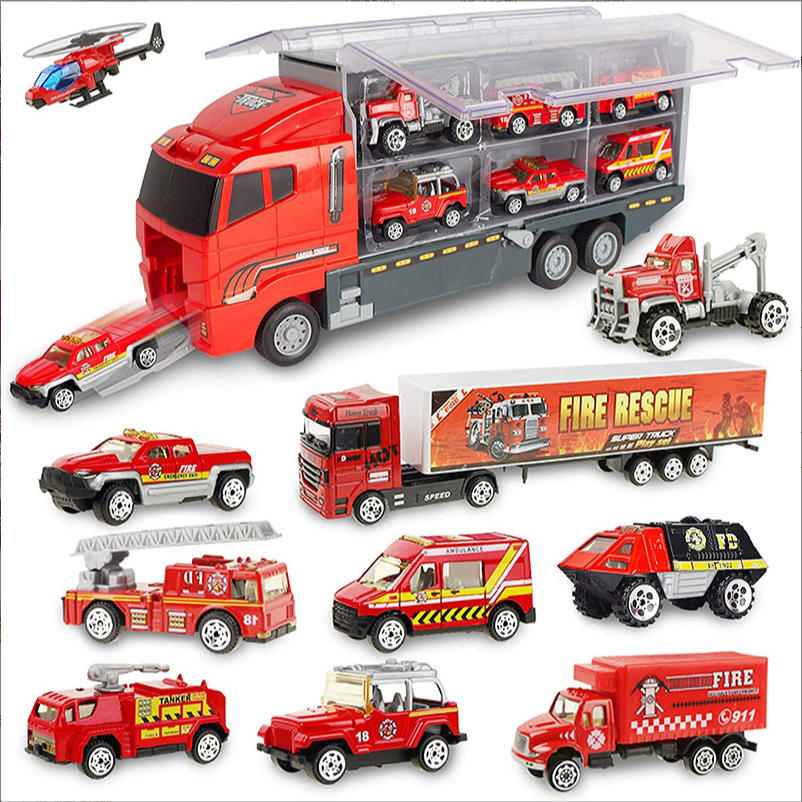 10 で 1 ビッグトラックセットミニ合金ダイキャストカーモデルおもちゃ車キャリアトラックヘリコプタータンク消防車エンジニアリング車のおもちゃ