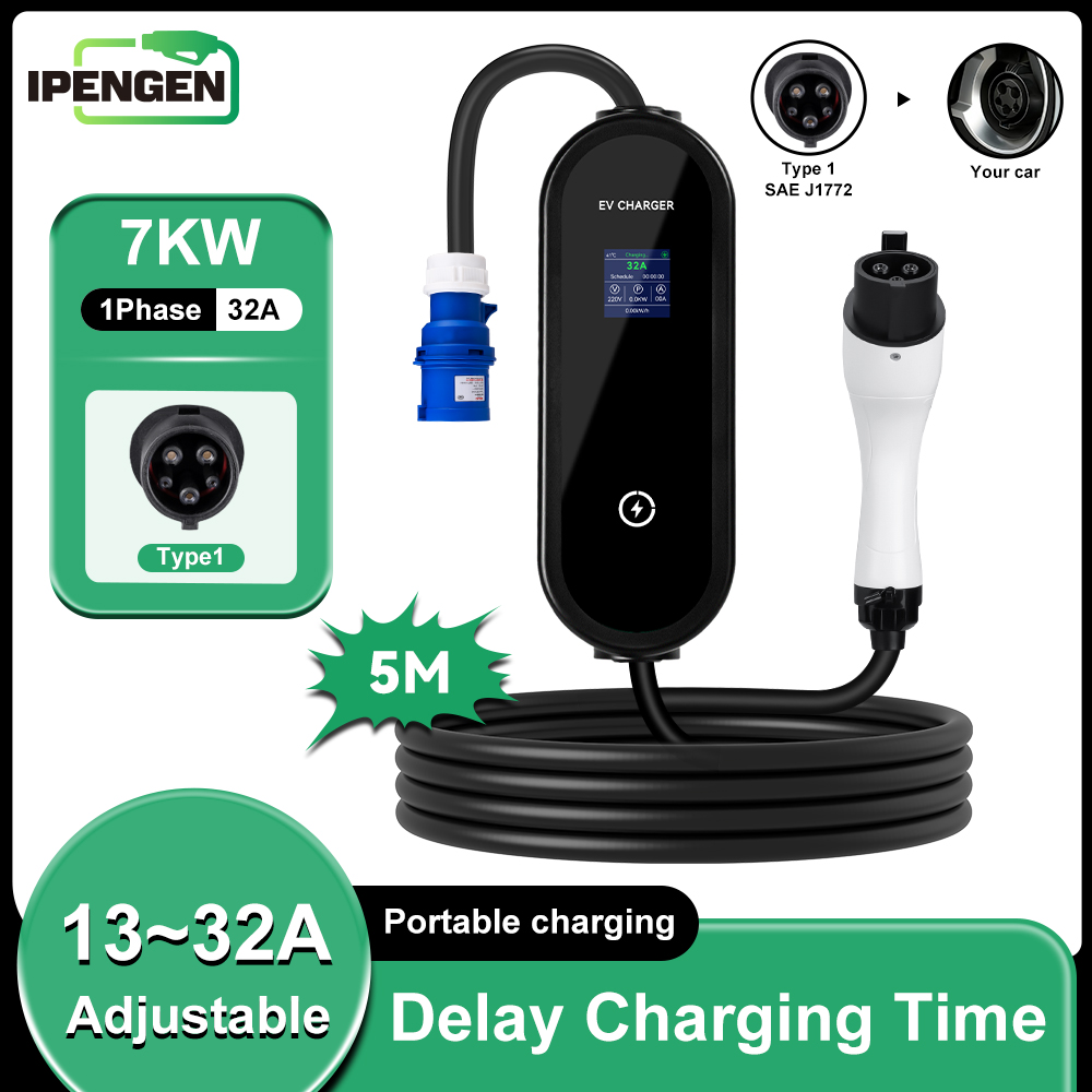 IPENGEN Type1 7KW ポータブル EV 充電器 5 メートルケーブル EVSE 充電 CEE プラグ電気自動車用 13A-16A-20A-24A-32A 調整可能な電流