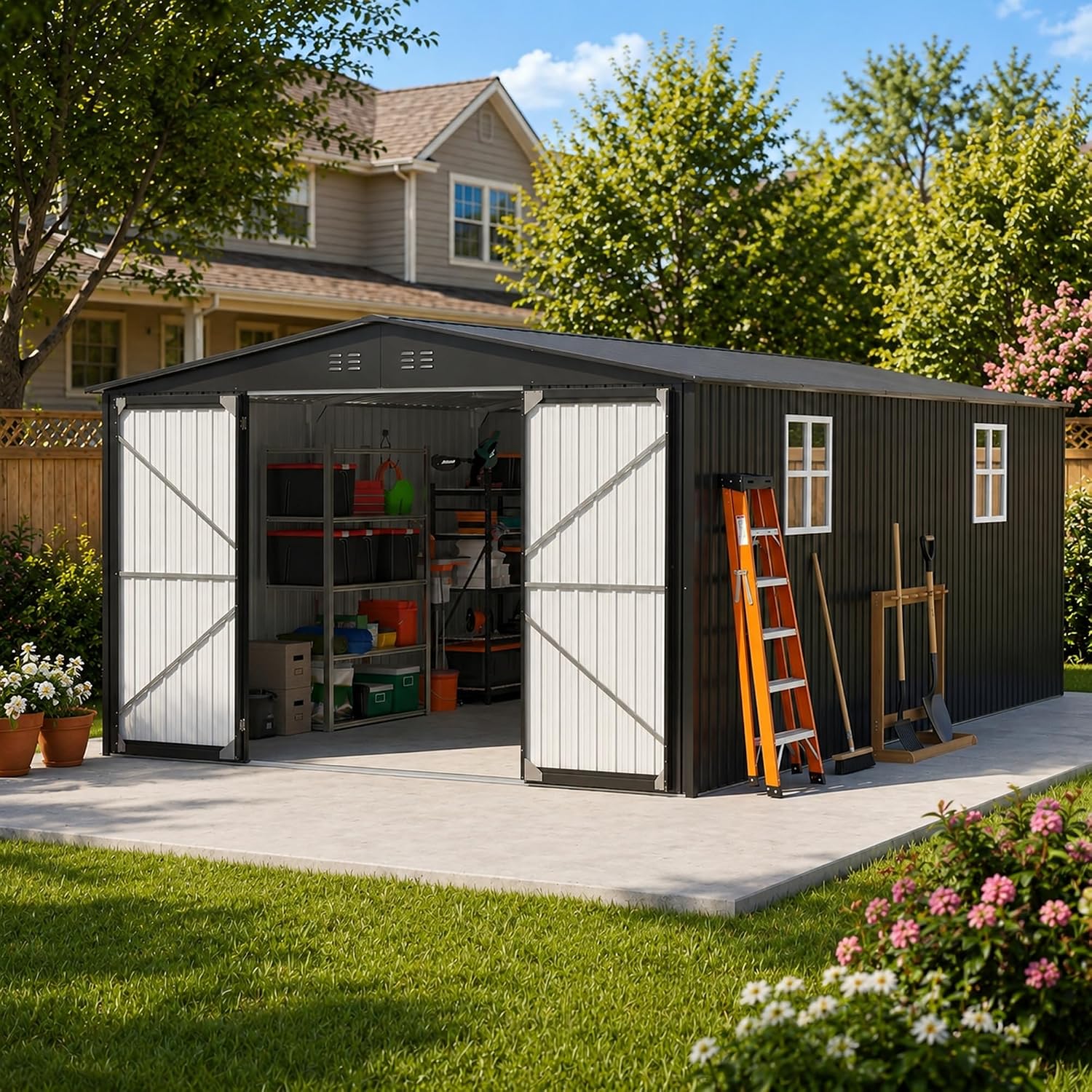 12x18フィートの屋外収納小屋、2つの窓付きの大型金属製ガーデンシェッド、ロック可能な二重ドア