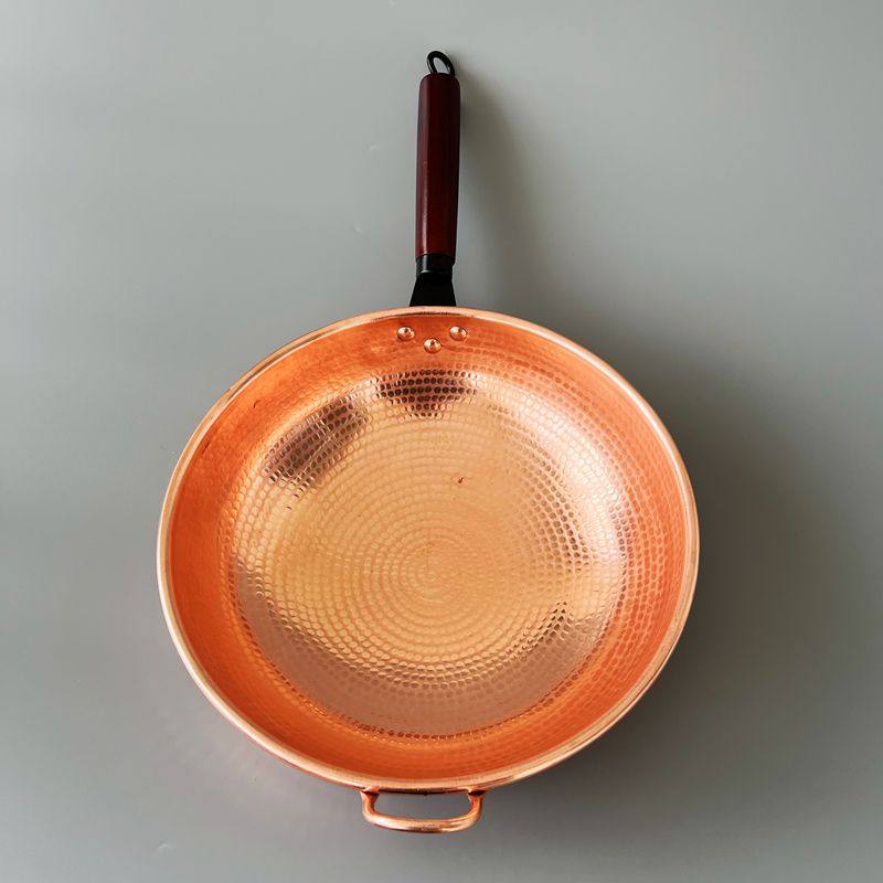 伝統的な手作りの銅中華鍋バーナー、ノンスティックパン純真鍮調理器具、コーティングされていないフライパン、ガスストーブ用ラウンド中華鍋調理器