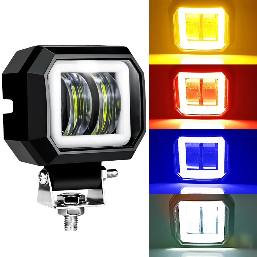 12V 24V LED スクエアワークライト エンジェルアイ付き - オフロード用ポータブルスポットライト - 赤白青黄ライトバー