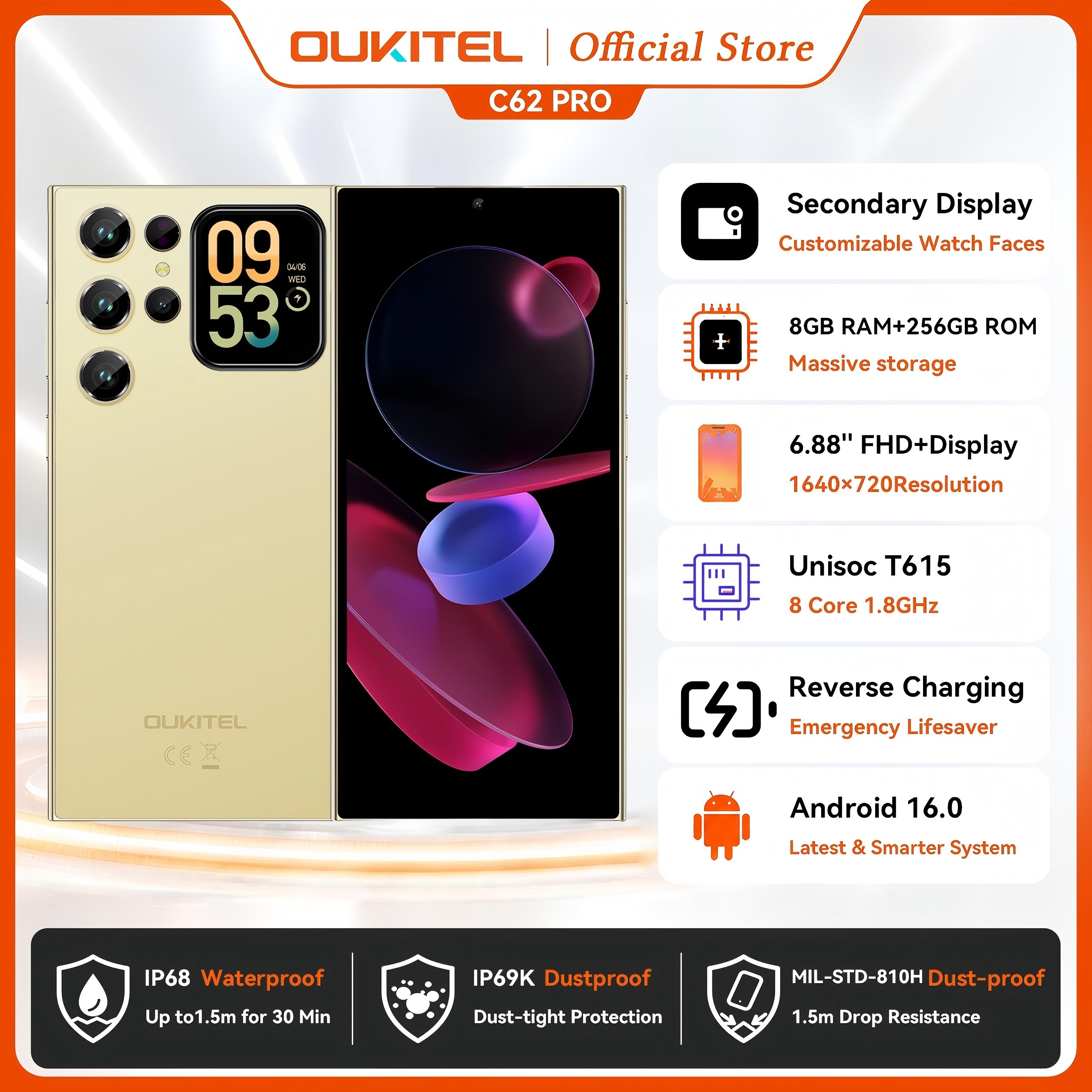 OUKITEL C62 Pro スマートフォン Android 15、6.88 インチ HD ディスプレイ Unisoc T615 携帯電話、24GB (8 16) 256GB、5150mAh バッテリー NFC 携帯電話