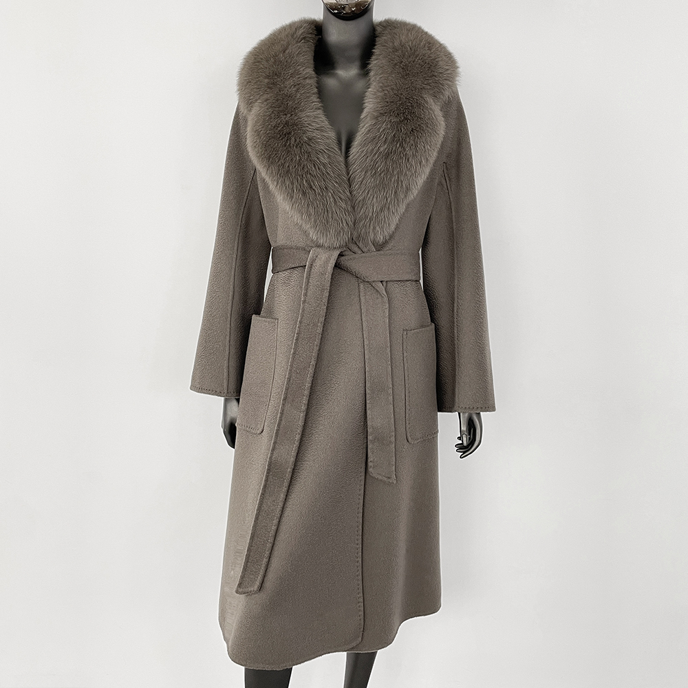 GENHUA 2025 New Casual Fur Coat for Ladies Winter Wool Long Fur Ladies Natural Real Fox Fur Collar Jacket for Ladies Warm Coat