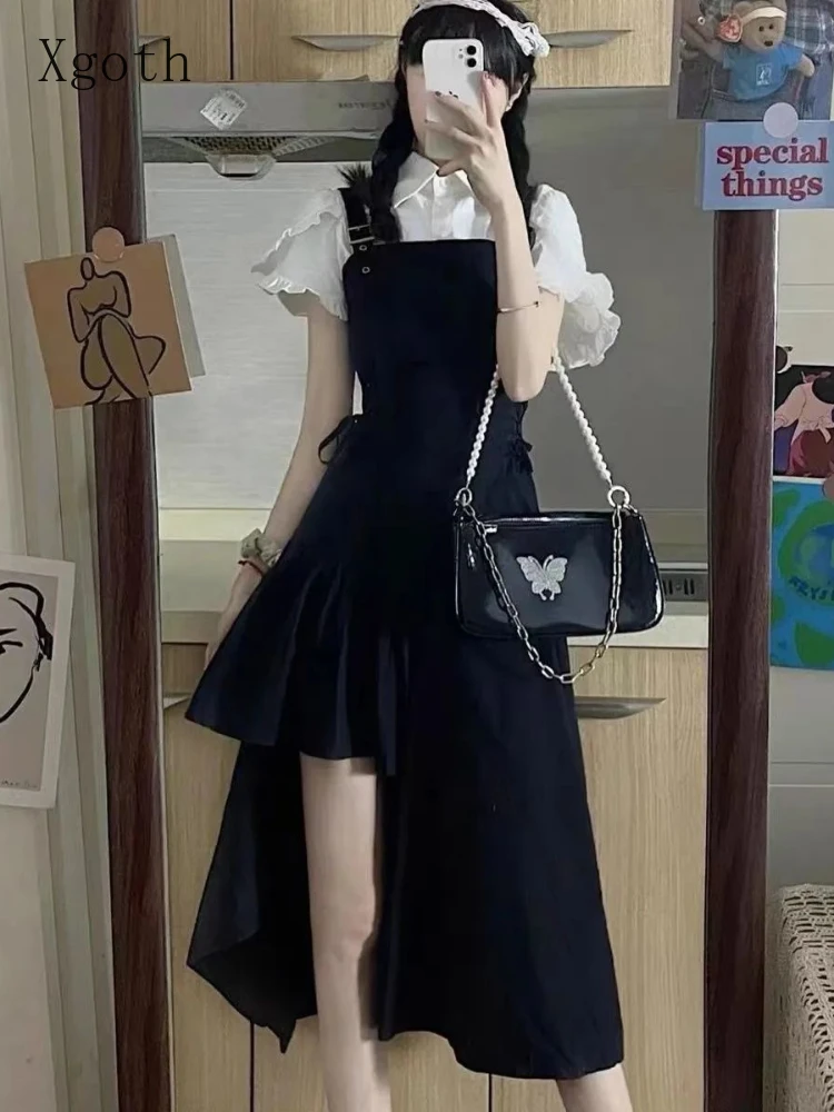 Xgoth 女性シャツドレススーツ SS 優しいストリート韓国スリムフリルシャツ不規則なサスペンダースカート 2 個セット/シングルピース