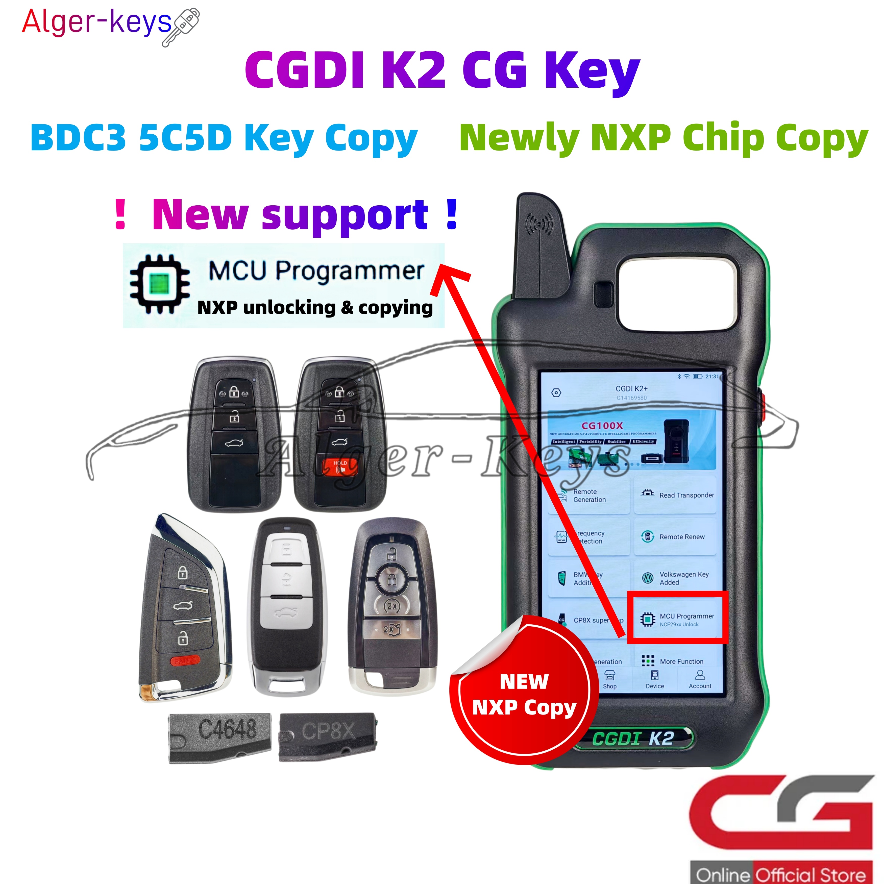 アルジャーキー CGDI K2 キープログラマー リモートジェネレーター スマートキーツール 新しいサポート NXP チップコピーサポート 5C5D MQB49 BDC2 BDC3 キー追加