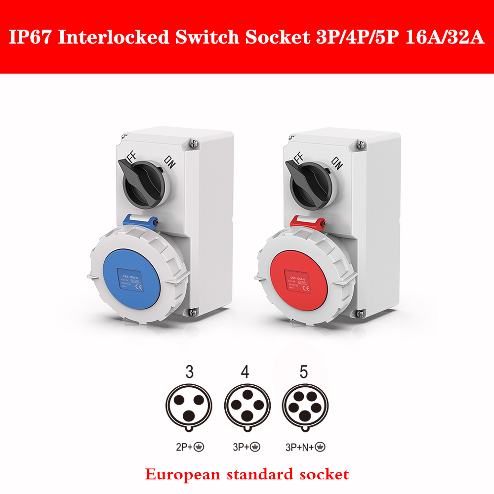 インターロックスイッチ付き工業用ソケット IP67 16A 32A 冷蔵コンテナ業界防水 CEE ソケットドイツ標準