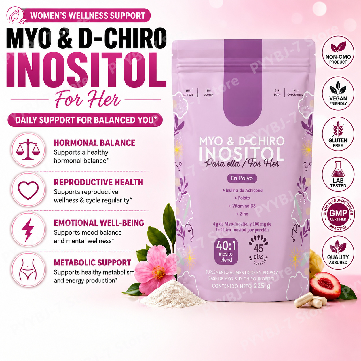 Myo-イノシトール D-Chiro イノシトール 40:1 ブレンド パウダー、葉酸ビタミン D3 亜鉛女性ウェルネス栄養補助食品 225g