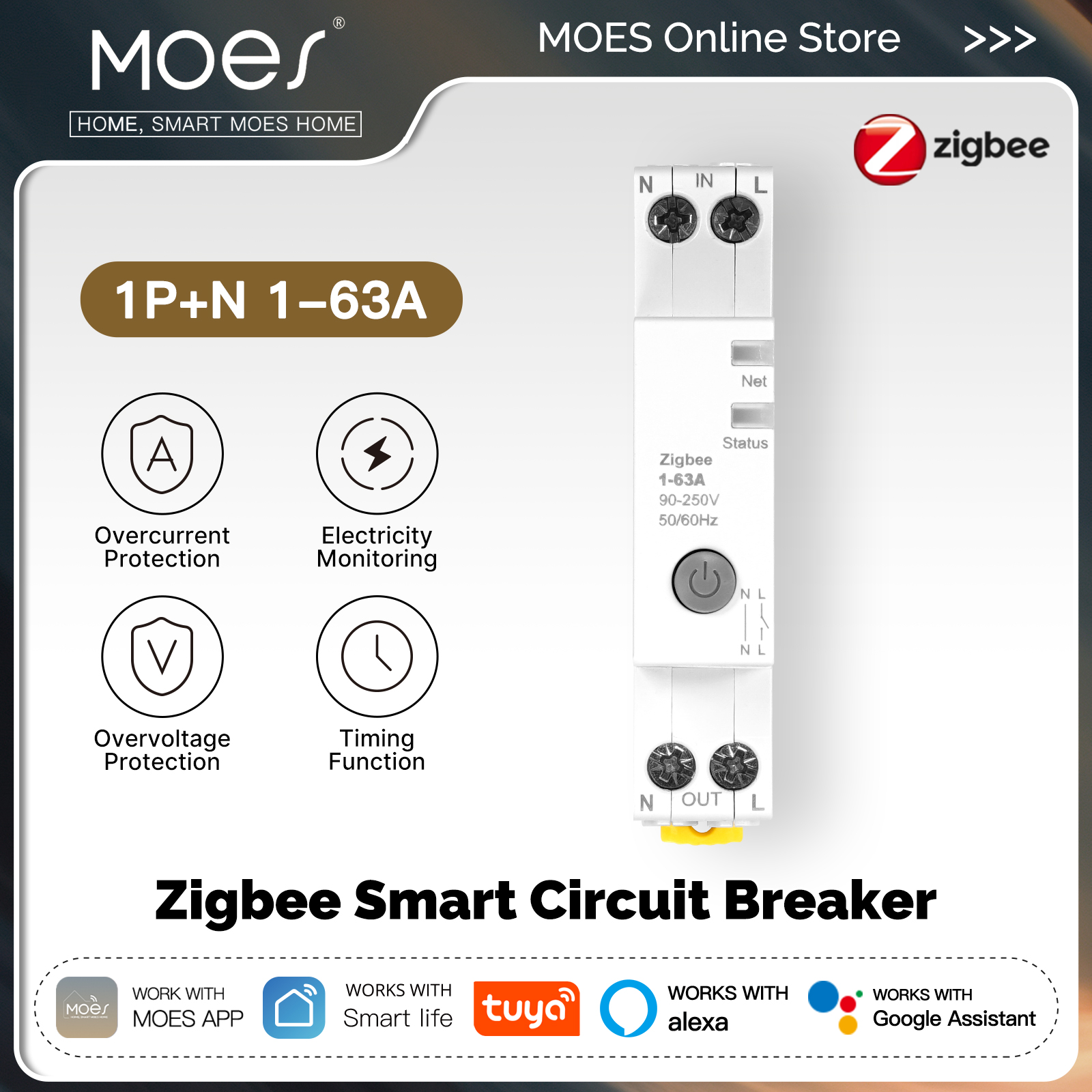 MOES Tuya Zigbee スマートサーキットブレーカー 63A アラームしきい値セット電気モニター V0 耐火性難燃性アプリ制御 Alexa 付き