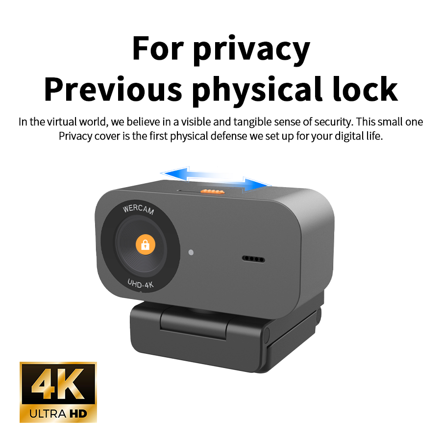プライバシーカバー付き4KウルトラHDウェブカメラ、オートフォーカス、360°調整可能、USBプラグアンドプレイ対応、ビデオ会議、ライブストリーミング用