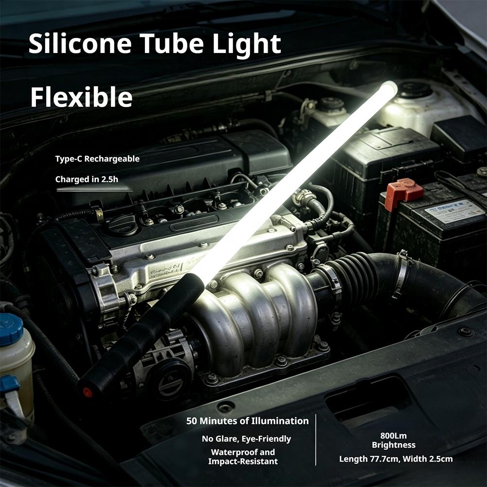 曲げ可能なシリコン LED ワークライト 800lm – ポータブル充電式検査ランプ、Type-C、防水自動車修理用