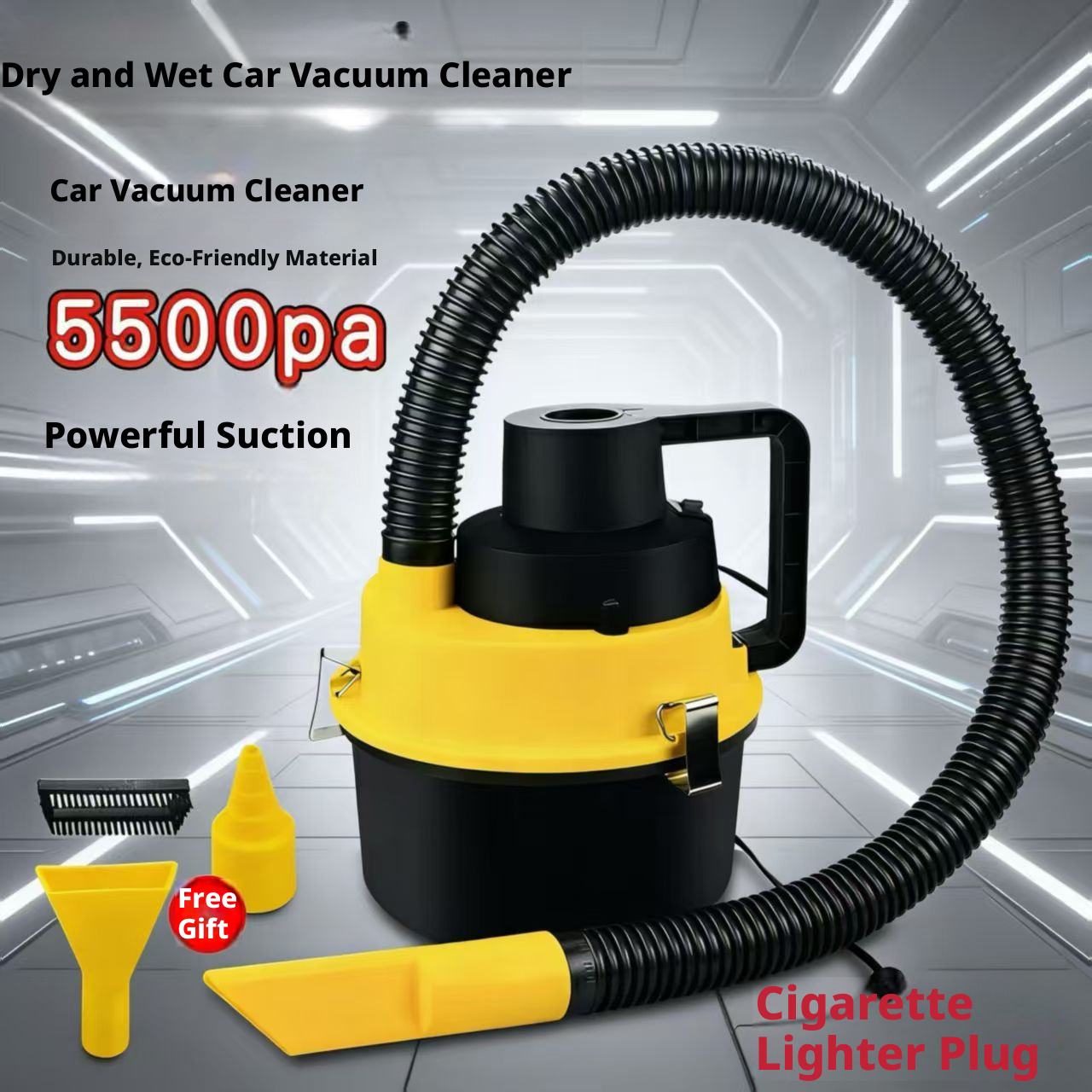 5500Pa Wet & Dry Car Vacuum Cleaner, Portable 12V High Suction Auto Vacuum with Cigarette Lighter Plug for Car Interior Cleaning