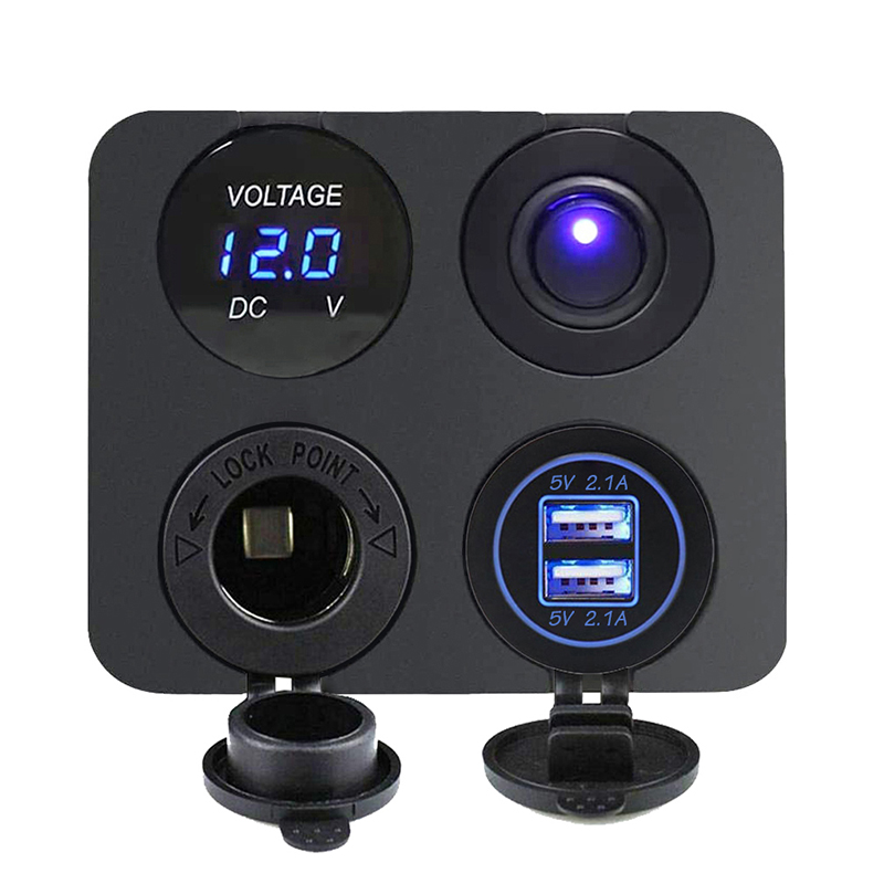 12V USB パネルソケット 4 in 1 デュアル USB 充電器 ロッカースイッチ付き 車のシガーライター デジタル電圧計 車 ボート トラック RV用