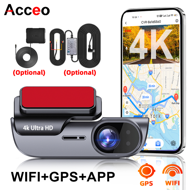 ACCEO 4K 車用ダッシュカム フロントカー DVR ダッシュカム ナイトビジョン GPS WiFi 24H 駐車ビデオレコーダー ループ自動ブラックボックス