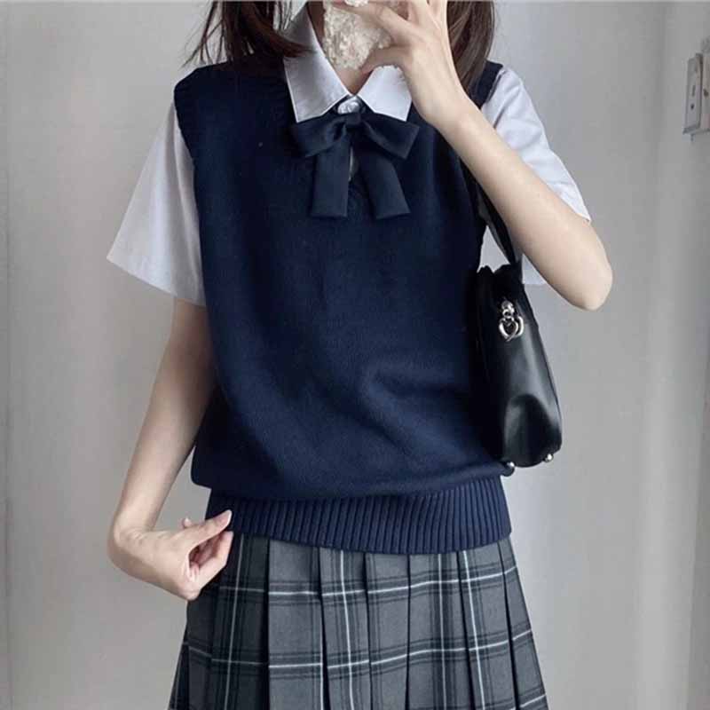 カレッジスタイルノースリーブセーターベスト女性プレッピースタイルオールマッチ女子校生 JK ニットベスト固体ベーシックニットチョッキ