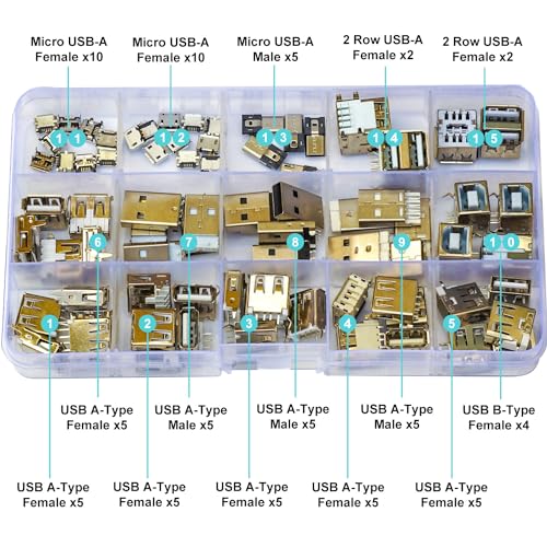 USB 2.0 メス オス PCB マウント コネクタ詰め合わせキット、USB 2.0 メス ピン PCB マウント ソケット タイプ A/B オス/メス (USB 2.0)