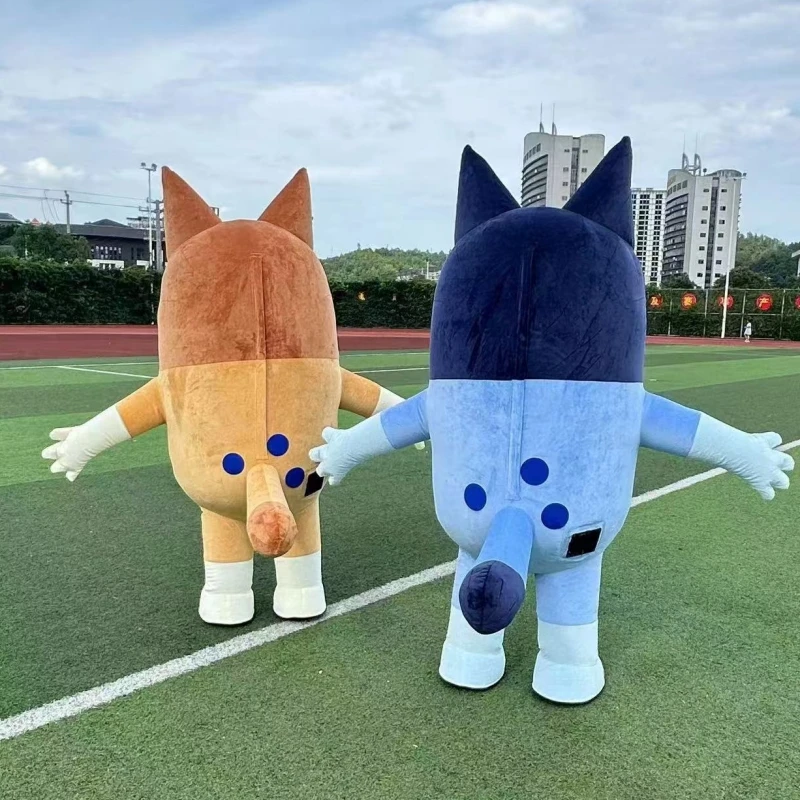 インフレータブルブルー犬コスチュームマスコット大人用豪華な毛皮の動物ハロウィーンカーニバルドレスイエローブルー犬スーツバッテリーなし