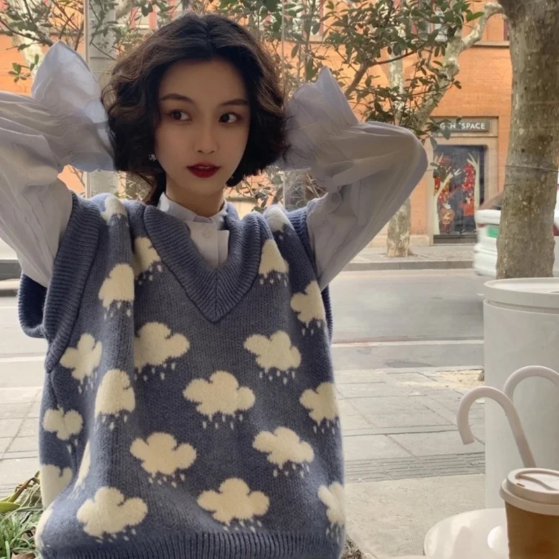 秋ノースリーブクラウドプリントニットセーター女性ベストプルオーバールーズ V ネックニットセータートップ冬服女性 15990