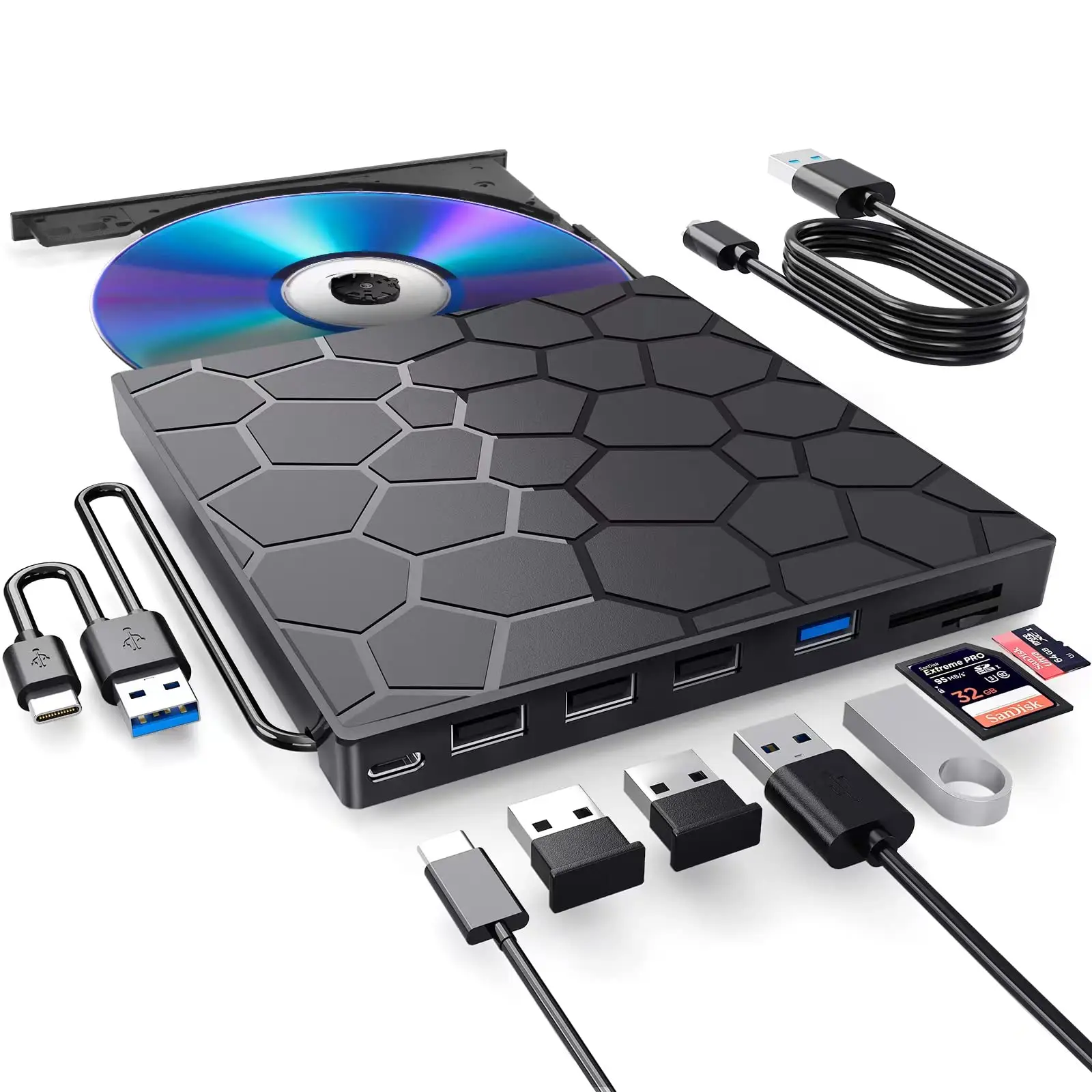 ポータブル DVD プレーヤー 7 in 1 外付け CD/DVD ドライブ USB 3.0 Type C CD バーナー外付けディスクドライブ (デスクトップ Mac Windows Linux 用)