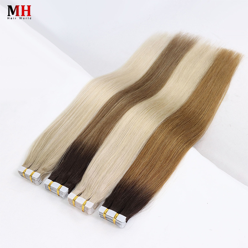 ブロンド人毛テープエクステンションヨーロッパナチュラルヘアエクステンションスキン PU 横糸 16 "-24" ブラックブラウン人毛 20/40 個