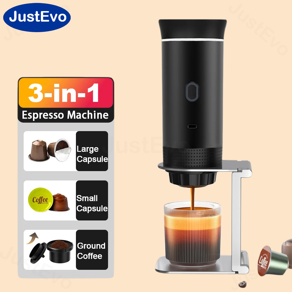JustEvo ポータブルエスプレッソマシン 3-in-1 トラベルコーヒーメーカー 小型大型カプセルと挽いたコーヒーに対応 コンパクト電気醸造機 車 RV キャンプ オフィス アウトドア モバイルコーヒーショップ用