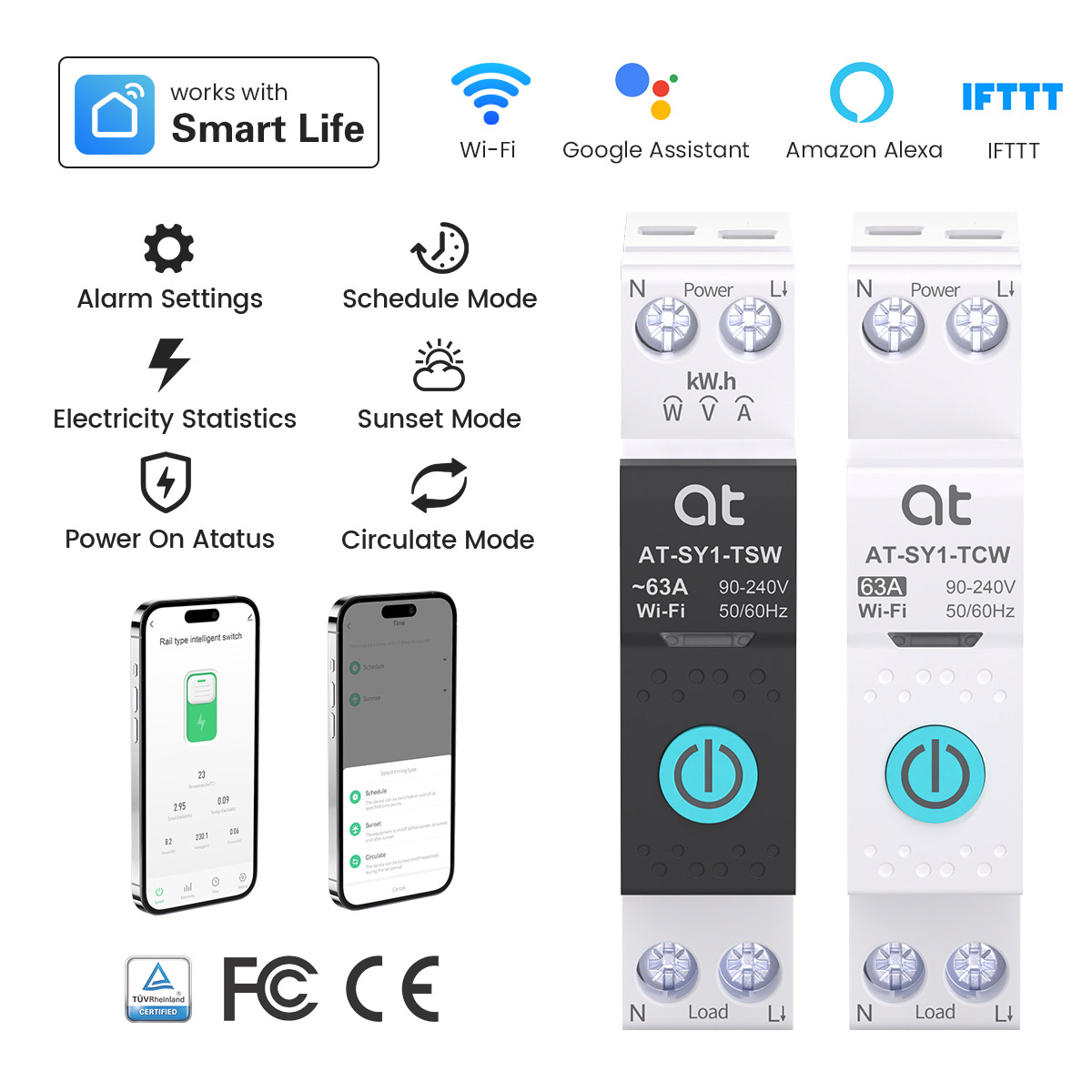 TUYA WIFI スマートサーキットブレーカー パワーメータリング 63A 1P DIN レール スマートホーム用 ワイヤレスリモコン スマートスイッチ by APP ATELE