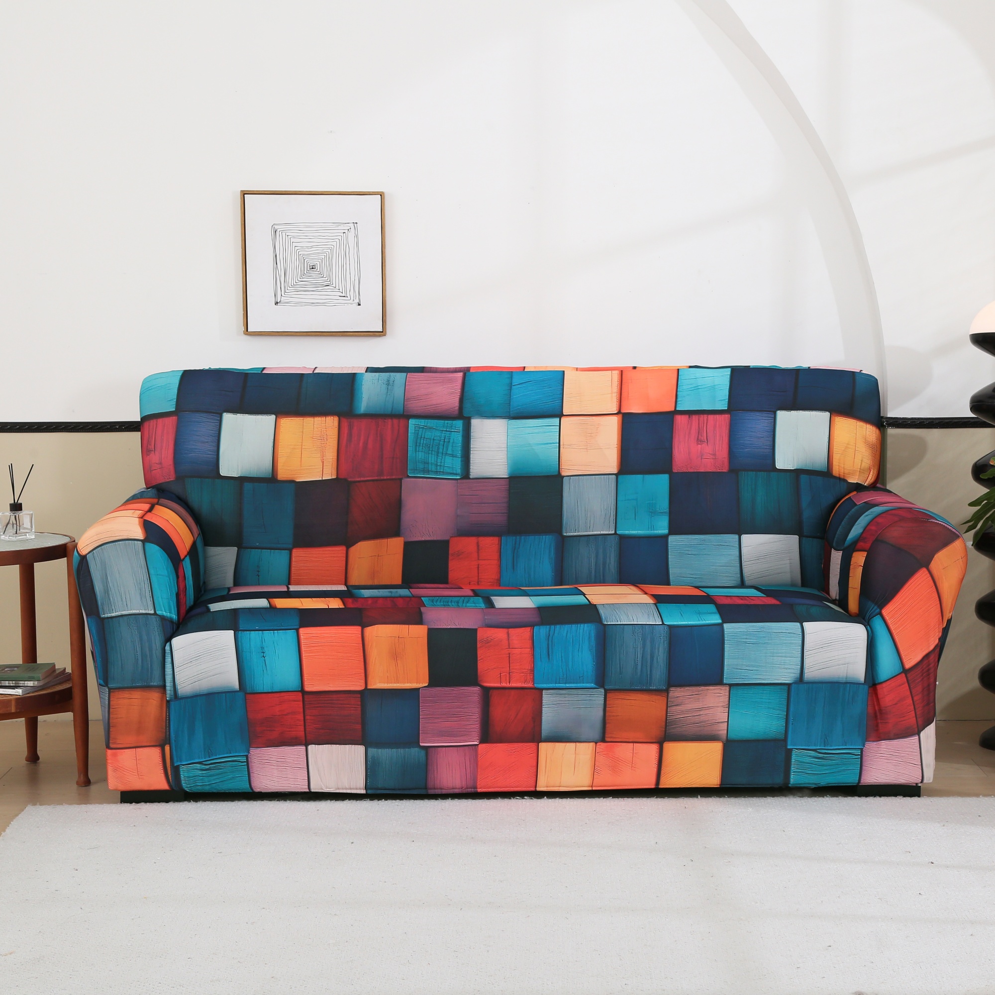 Multi-Color Square Stretch Sofa Cover, Home Decor Protective Slipcover Colorful Patchwork Elastic Sofa Slipcover，comfort