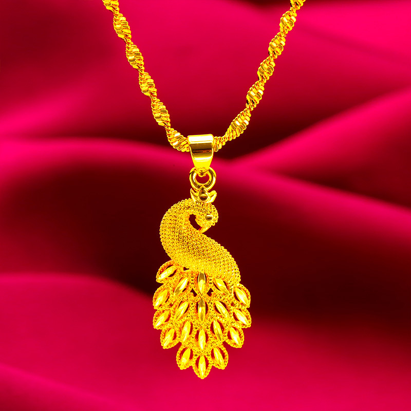 24K ゴールド AU999 レディース ピーコック ペンダント ネックレス - グラデーション ゴールド フェザー ゴールド フォイル チップ、チェーン レプリカ ヴァイン アート