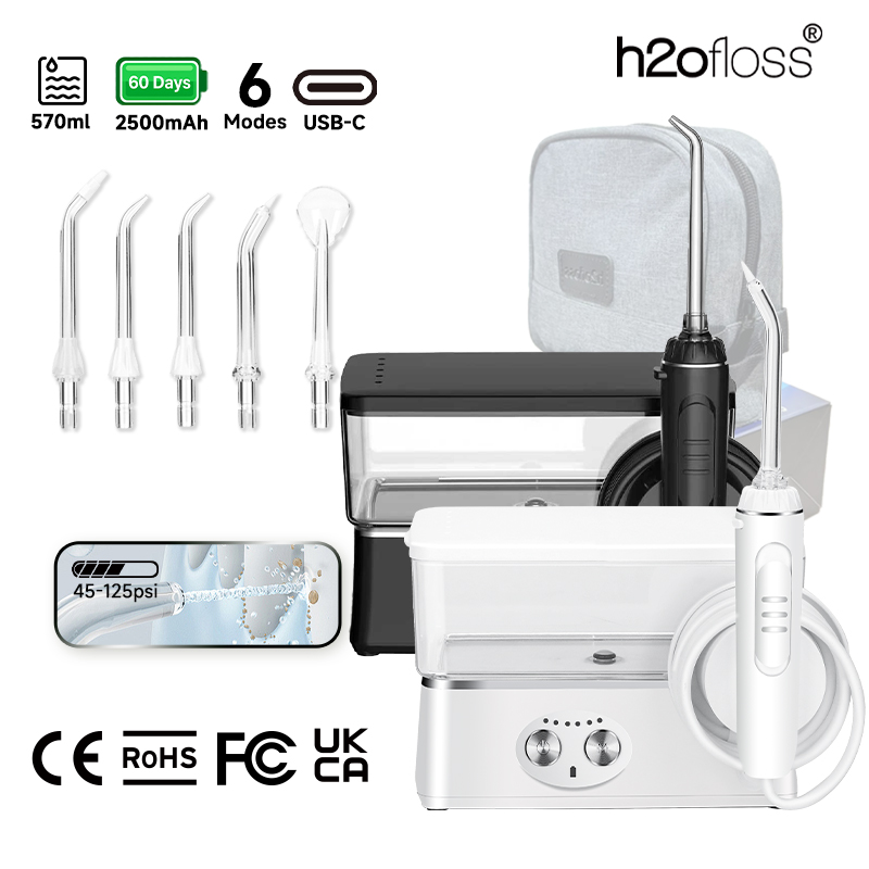 H2ofloss ウォーターフロッサー ポータブル口腔洗浄器 570ml 140PSI 高圧 6モード 5ノズル 収納袋付き USB充電式