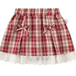 制服風 夏用 キュートな女の子用 チェック柄 プリーツスカート リボン付き レース縁取り おしゃれで可愛い キッズ用ショートスカート 幼児・小さな女の子の日常着に最適