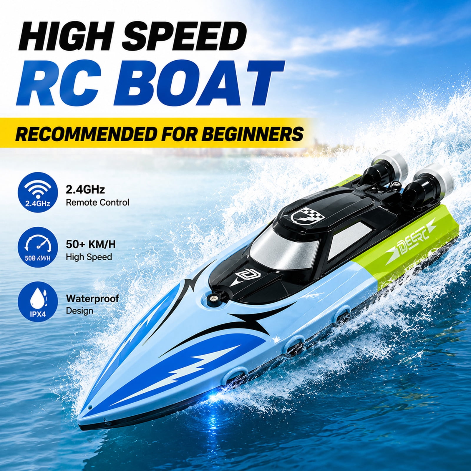 RCボート子供大人用、2.4GHzリモートコントロールレーシングスピードボート、水センサースイッチ付き、プール湖池用防水おもちゃ