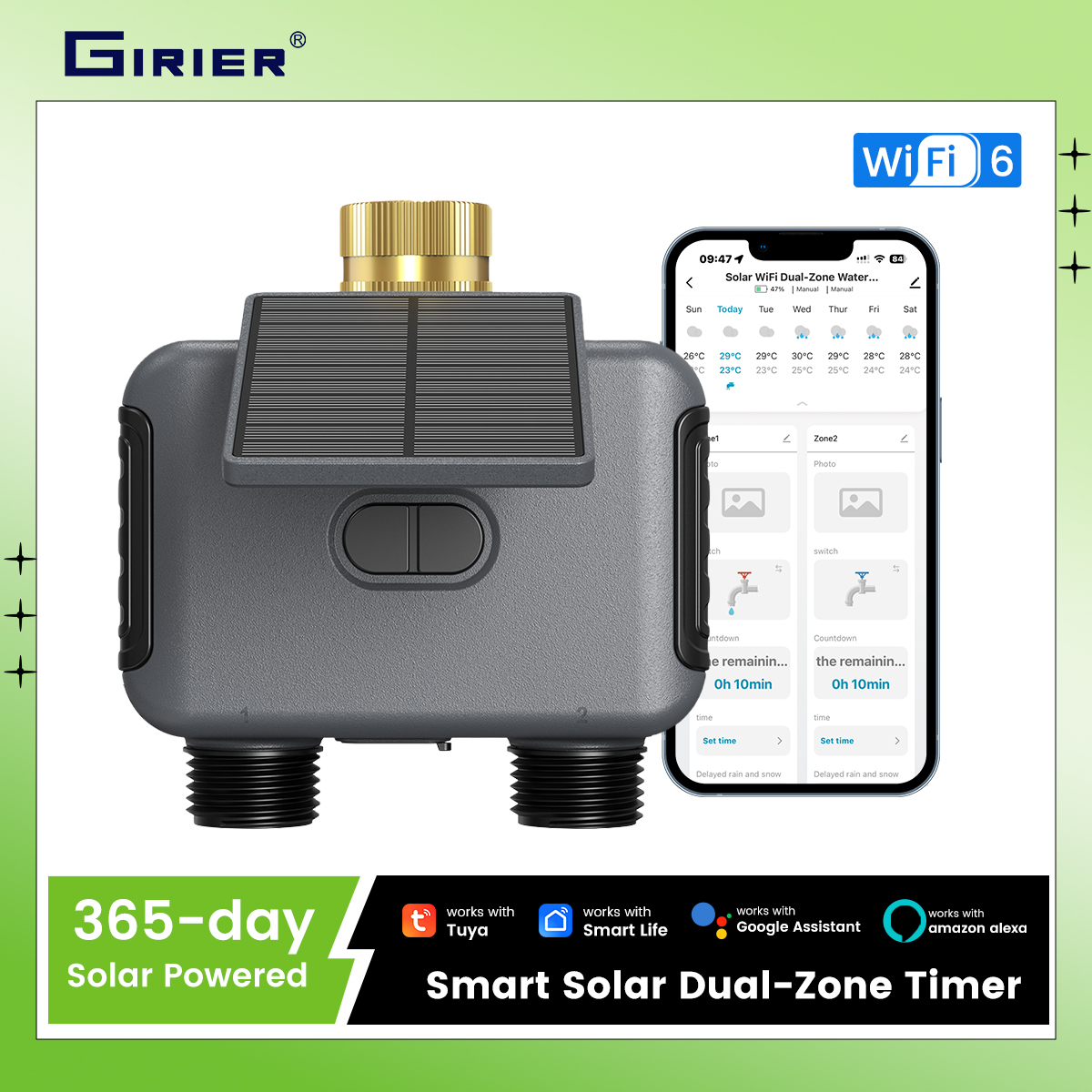 GIRIER Tuya WiFi 6 スマートウォータータイマー太陽光発電プログラマブルスプリンクラーコントローラー IPX6 真鍮入口付き庭灌漑用