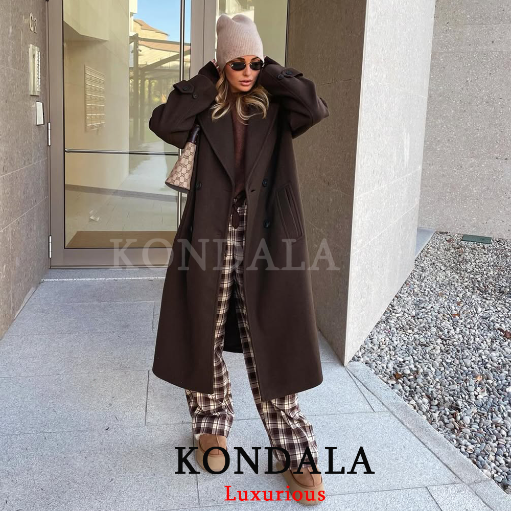 KONDALA チョコレートブラウン女性ロングコートダブルボタン V ネックストレートロングジャケットファッション 2026 春エレガントなオフィス生き抜く