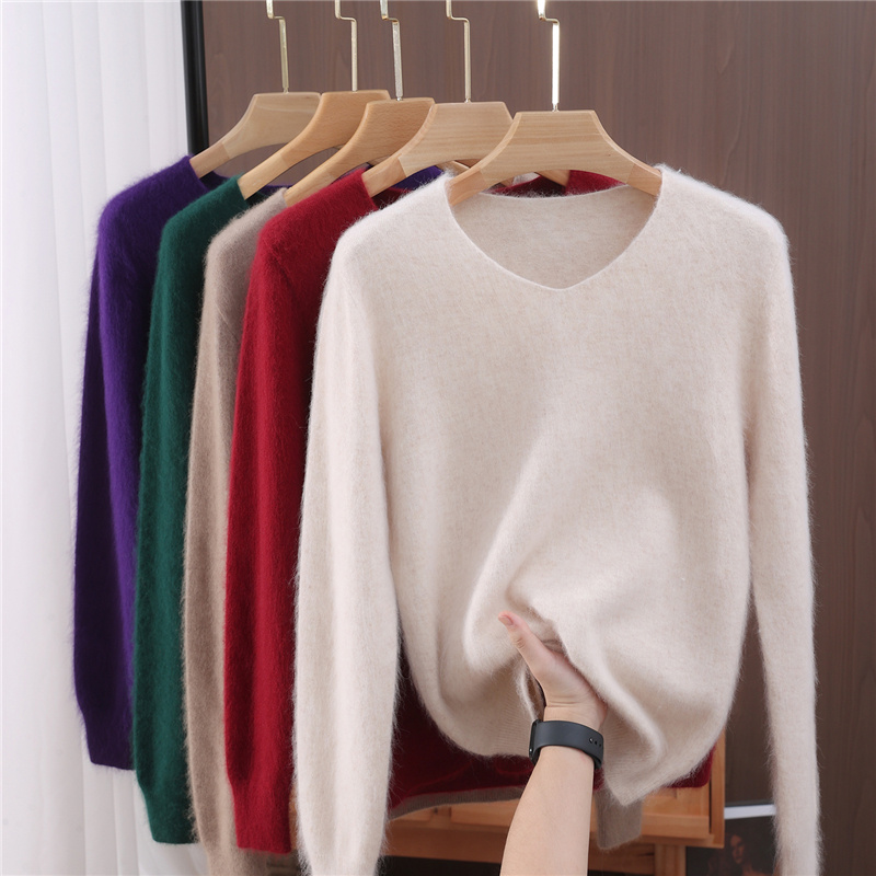 秋冬ミンクカシミヤ女性セーター V ネックプルオーバーファッション基本的なソフト暖かい服 100% ミンクカシミヤニットトップス
