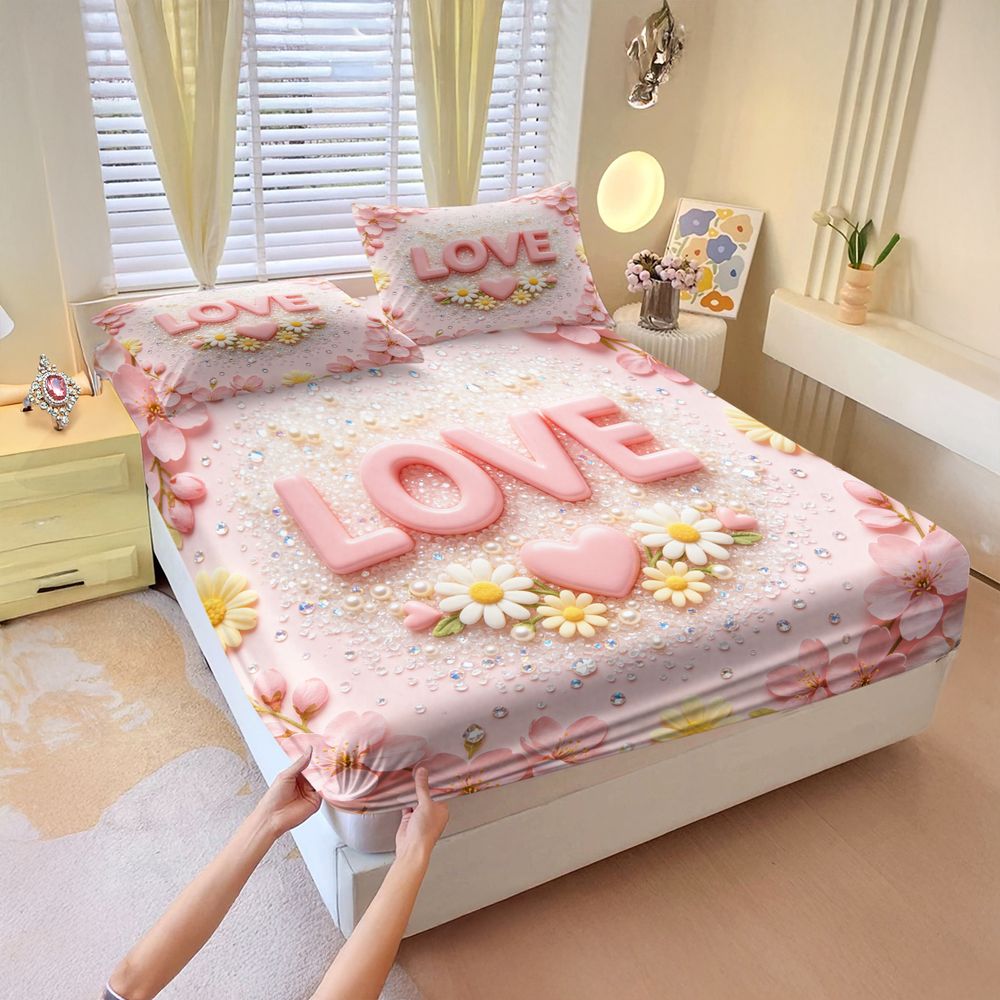 ピンク桜パールLOVEデジタルプリントフィットシーツセットベッドシーツセット寝具セットフィラーなし十代の女の子の寮の部屋の装飾