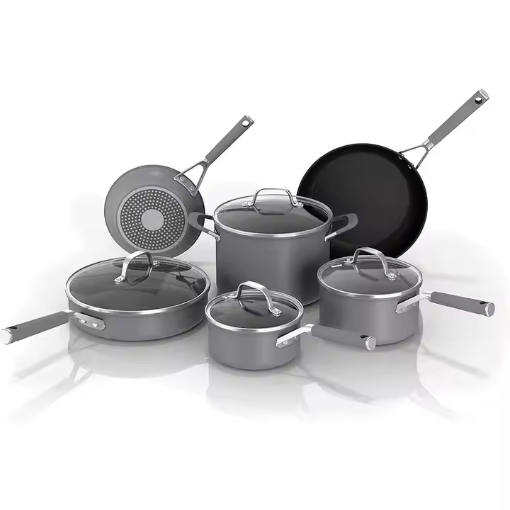 モダンなデザインのカスタマイズ可能なグレープレスアルミニウムテフロン加工調理器具セット環境に優しい電磁調理器用新しいファッショナブル