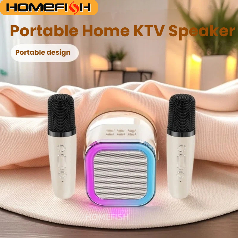 HOMEFISH K12 カラオケマシン ポータブル 5.3 PA スピーカーシステム 1-2 ワイヤレスマイク付き ホーム家族歌子供のギフト