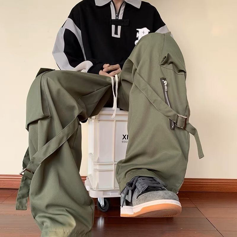 グリーンカーゴパンツ男性オーバーサイズジッパー黒カーゴズボン男性ストリートヒップホップポケット春緩いカジュアル作業服