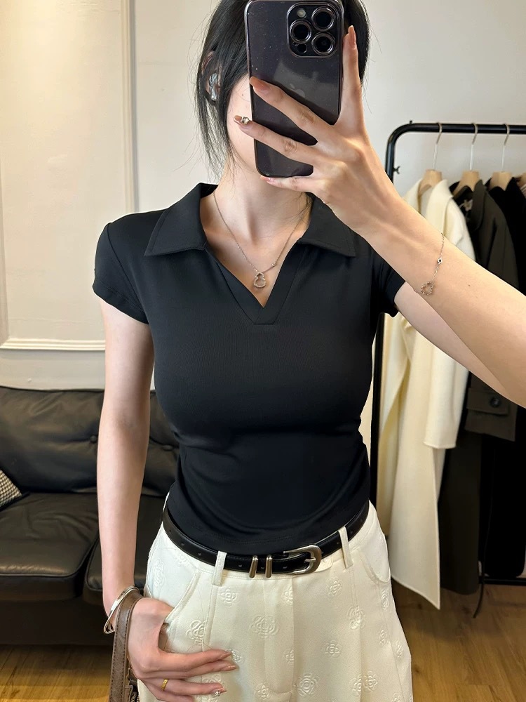 綿夏のセクシーな女性の Tシャツスキニースリムベーシック固体クロップトップ半袖ポロ Tシャツ女性のためのカジュアルなトップ Tシャツ