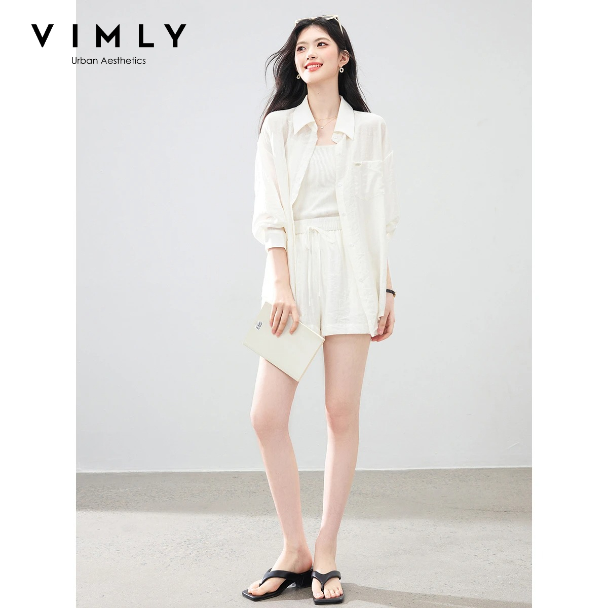 VIMLY 女性のミニマリストカジュアル 2 点セット夏 2026 新しいサンシェード白シャツハイウエストショーツスーツ日常着 31021