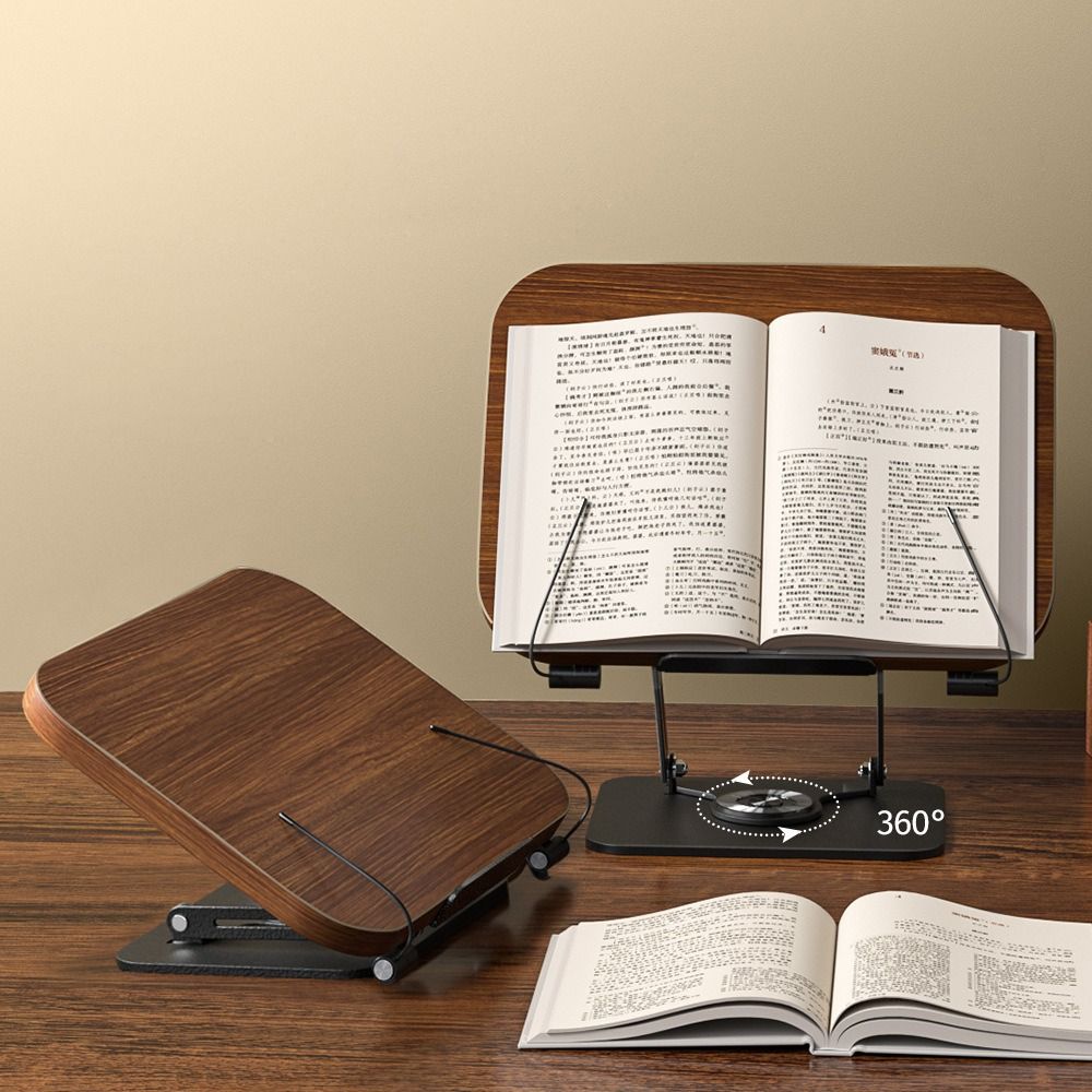 無垢材読書ラック 折りたたみ式 360°回転ベース ブックスタンド 弾性ページクリップ付き 調節可能なラップトップホルダー デスクトップライザー