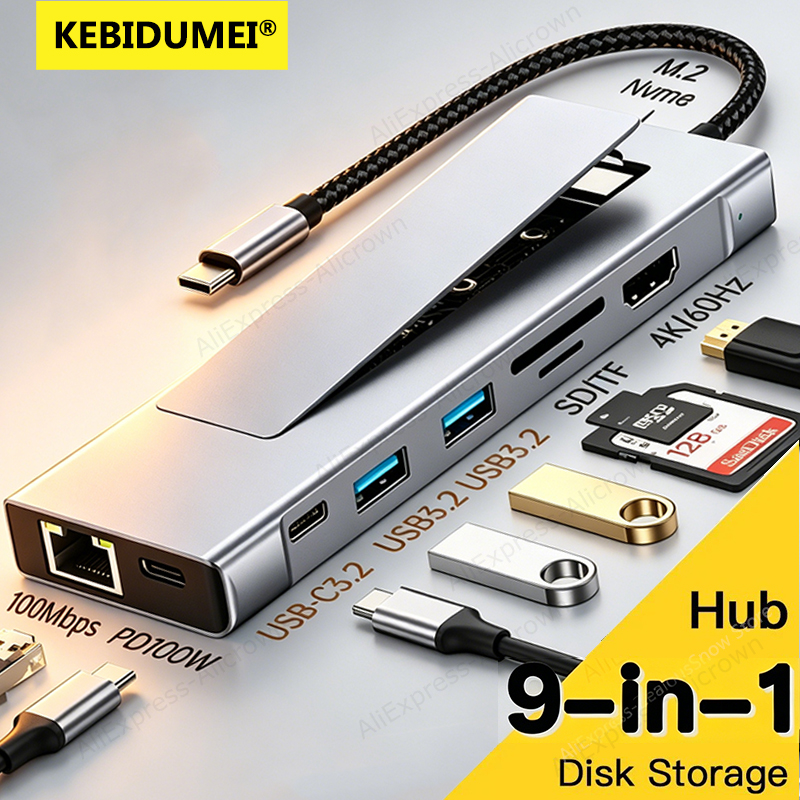 KEBIDUMEI 9-in-1 M.2 SSD ハブ USB C ドッキングステーション、ディスクストレージ機能付き SSD エンクロージャ RJ45 HDTV 4K60Hz USB3.2 10Gbps ハブ